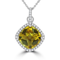 6.36 Ct Cushion cut Citrine and Round Cut Diamond Pendent In 14  kt Gold