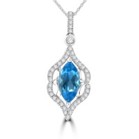 1.42 ct Marquise Shaped Blue Topaz and Round Cut Diamond Pendent In 14k Necklace