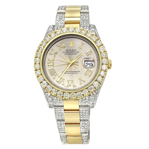ICED OUT TWO TONE ROLEX OYSTER PERPETUAL DATEJUST MENS DIAMOND WATCH 15CT