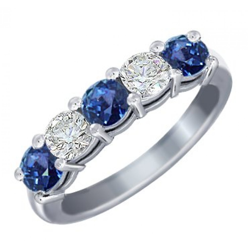 1.00 Ct Round Cut Diamond And Blue Sapphire Wedding Band Ring