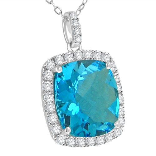 9.37 ct Blue Topaz Round Cut Diamond & Cushion Cut Pendant Necklace (G-H Color SI-2 I-1 Clarity) in 14 kt White Gold