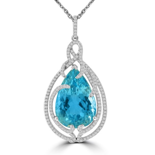 19.72 Ct Ladies Pear Shaped Blue Topaz Round Cut Diamond Pendent Necklace (G-H Color SI-2 I-1 Clarity) in 14 kt White Gold