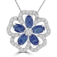 1.96 Ladies Round Cut Diamond Sapphire Pendant Necklace in 14k White Gold