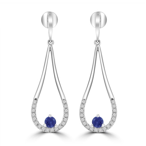 0.76 Ct Round Cut Diamond and Round Cut Sapphire Chandelier Earrings in 14k White Gold