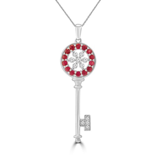 1.04 ct Round Cut Diamond & Ruby Pendant Necklace in 14k White Gold