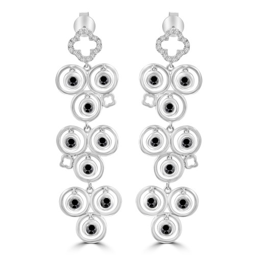 1.02 ct White and Black Round Cut Diamond Chandelier Earrings in 14 kt White Gold