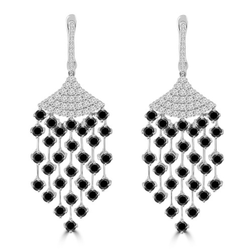3.75 ct White and Black Round Cut Diamond Chandelier Earrings in 14 kt White Gold