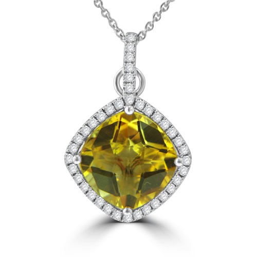 6.36 Ct Cushion cut Citrine and Round Cut Diamond Pendent In 14  kt Gold