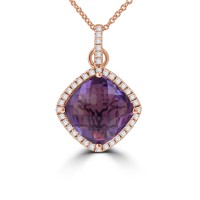 6.59 ct Cushion Cut Amethyst & Round Cut Diamond Pendant Necklace in 14 kt Rose Gold