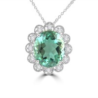 8.37 Ct Oval cut Green Prazolite and Round Cut Diamond Pendent In 14  kt White Gold