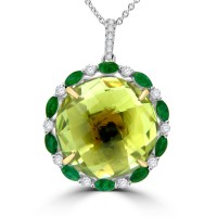 21.51ct Round Diamond, Emerald, & Lime Quartz Pendant Necklace (G-H Color SI-1 Clarity) in 14 kt White Gold