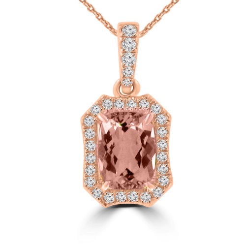1.26 ct Round Cut Diamond & Cushion Shape Morganite Pendant Necklace (G-H Color SI-2 I-1 Clarity) in 14 kt Rose Gold
