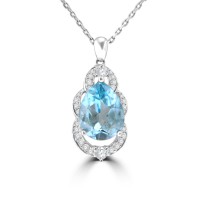 3.06 Ct Pear Shaped Blue Topaz and Round Cut Diamond Pendent In 14k Wh Necklace