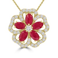 1.79 Ladies Round Cut Diamond and Oval Shape Ruby Pendant Necklace in 14 kt White Gold
