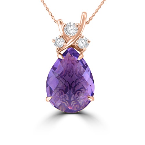 7.45 ct Pear Shape Amethyst & Round Cut Diamond Pendant Necklace in 14 kt Rose Gold