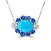 7.42 ct Oval Shaped Turquoise, Tanzanite and Diamonds Pendant Necklace (G-H Color SI-2 I-1 Clarity) in 14 kt White Gold
